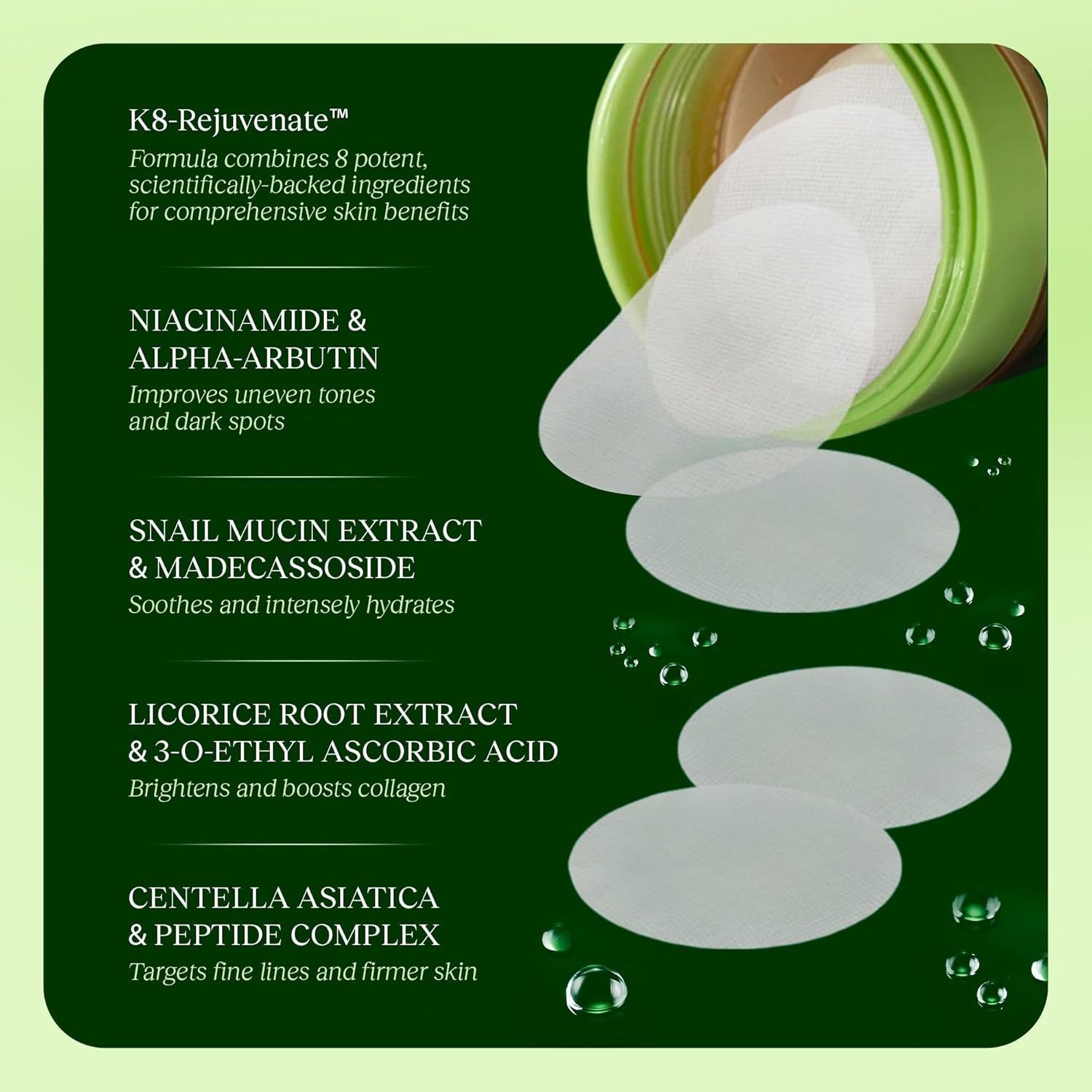 Toner Pads - Korean Skincare for Dark Spots, Wrinkles & Dull Skin - Hydrating Facial Treatment with Snail Mucin, Niacinamide, Peptides & Centella - 100 Count